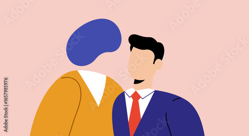Two diverse colleagues in a modern flat illustration, engaged in professional conversation, symbolizing teamwork, mentorship, or business collaboration. Ideal for corporate and HR themes.