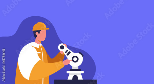 Skilled engineer in a hard hat and uniform operates a robotic arm, symbolizing industrial automation, advanced technology, and modern manufacturing processes.