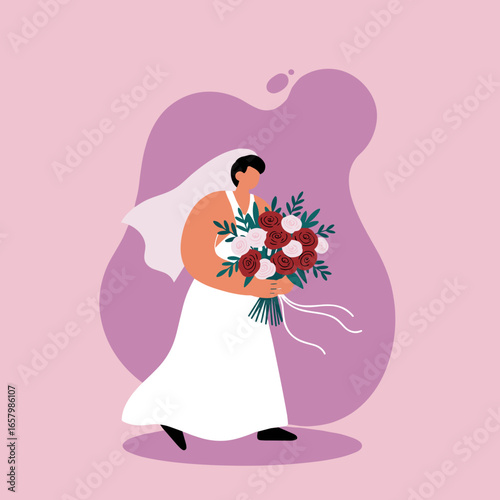 Joyful bride in white dress holding a beautiful floral bouquet, celebrating love and commitment. Ideal for wedding, event, and relationship themes.