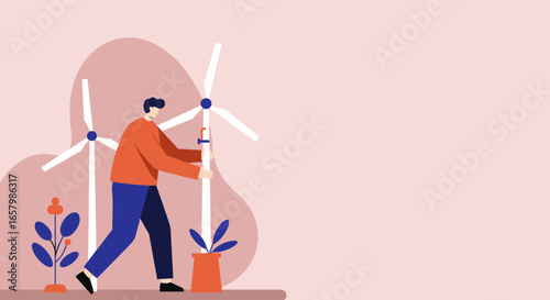 Man tending to a wind turbine, symbolizing renewable energy and environmental responsibility. Ideal for green initiatives and sustainable future concepts.