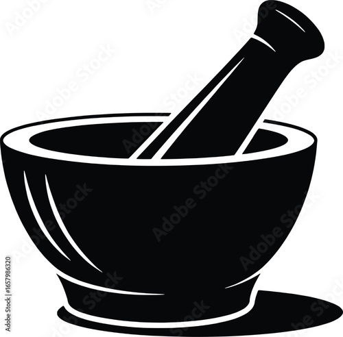 Black and white illustration of a mortar and pestle