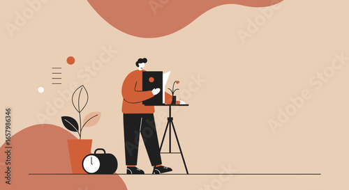 Minimalist illustration of a person engaged in creative work or learning, surrounded by modern home decor elements. Ideal for lifestyle, education, or business concepts.