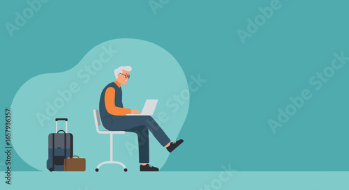 Elderly man working remotely on his laptop while traveling, embodying modern senior lifestyle, digital connection, and freedom to work from anywhere.