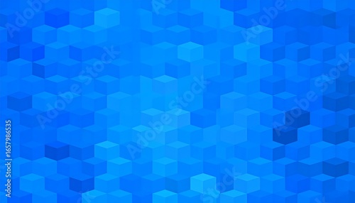 A dynamic, abstract pattern of multiple overlapping blue cubes creates a visually interesting background.