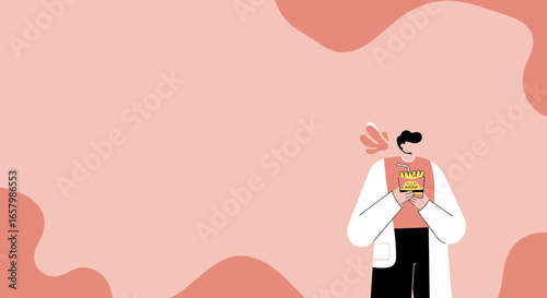 A professional in a lab coat takes a casual break, enjoying a quick fast-food meal. Ideal for concepts of modern work life, convenience, or urban lifestyle.