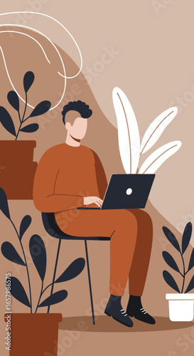Man working on laptop in a modern, plant-filled home office. Ideal for remote work, freelancing, and digital lifestyle concepts.