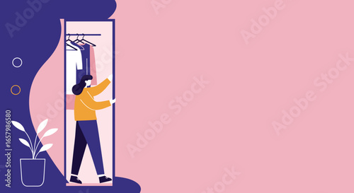 Woman opening a closet, selecting clothes. Depicts daily routine, fashion choices, and home organization. Ideal for lifestyle, shopping, or personal styling concepts.