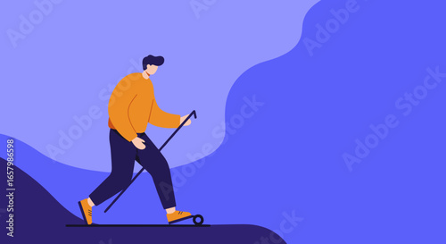 Dynamic illustration of a man Nordic walking with poles, symbolizing activity, fitness, and a healthy lifestyle journey. Ideal for wellness or outdoor concepts.