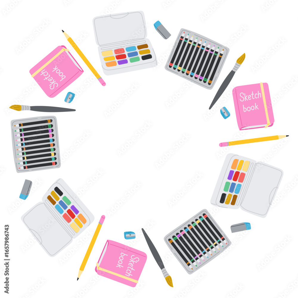 Fototapeta premium Art supplies arranged in a circular frame with sketchbooks, pencils, brushes, watercolor sets, and sharpeners. Concept of creativity, artistic tools, and design workspace with copy space