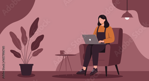 Young woman works comfortably from home on laptop, illustrating remote work, freelance, and modern lifestyle concepts.