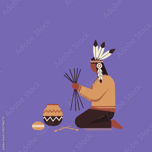 Indigenous person in traditional attire performing a cultural craft with sticks and pottery. Represents heritage, tradition, and artistic skill.