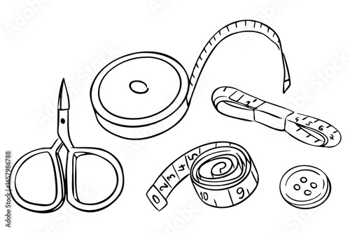 Sewing and measuring tools including scissors, button, and tape measures in black and white outline. Concept of tailoring, handmade craft, and DIY fashion design