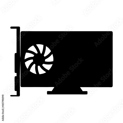 A simple silhouette style illustration of a graphics card with fan