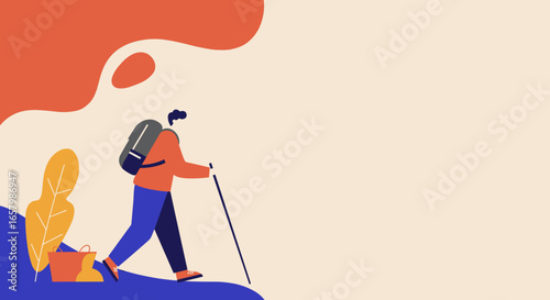 Minimalist illustration of a person hiking with a backpack and walking stick, representing outdoor adventure, exploration, and active lifestyle.