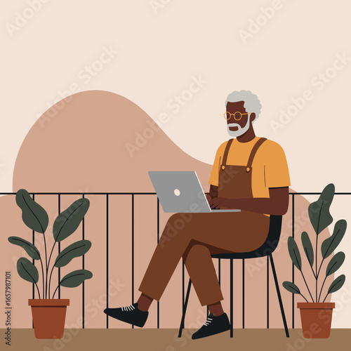 Senior Black man working on a laptop on a balcony, depicting remote work, modern lifestyle, and digital connectivity.