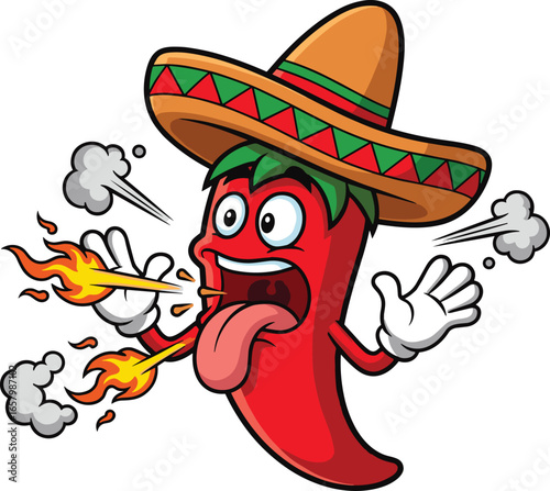 Cartoon chili pepper, Mexican sombrero, spicy expression, fire breath, hot tongue, smoke puffs, food humor, vector illustration