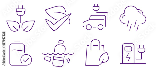 Set of icons representing eco-friendly energy and sustainability concepts.