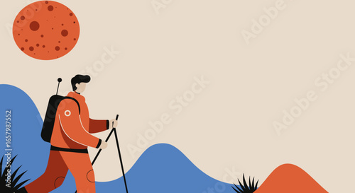 An astronaut explores an alien planet with hiking poles and a backpack, signifying future space travel and scientific discovery on a distant world.