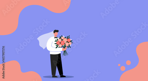 Smiling groom wearing a wedding veil and bow tie holds a vibrant flower bouquet, perfect for celebrating modern love and marriage.