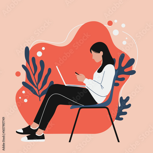 Modern woman multitasking with laptop and smartphone, working remotely or studying. Represents digital communication, freelance work, and connectivity.