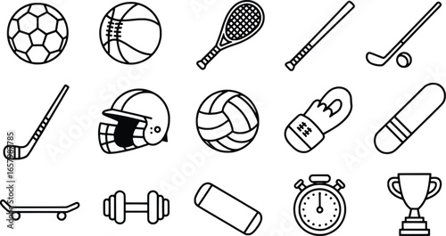 Collection of hand drawn sports equipment icons and illustrations