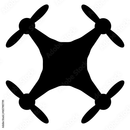 Black four rotor drone silhouette top view, unmanned aerial vehicle design