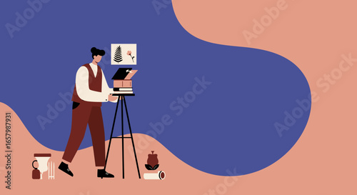 Illustrative scene of a person engaged in creative work, possibly digitizing art or documents. Represents hobbies, learning, or creative businesses.