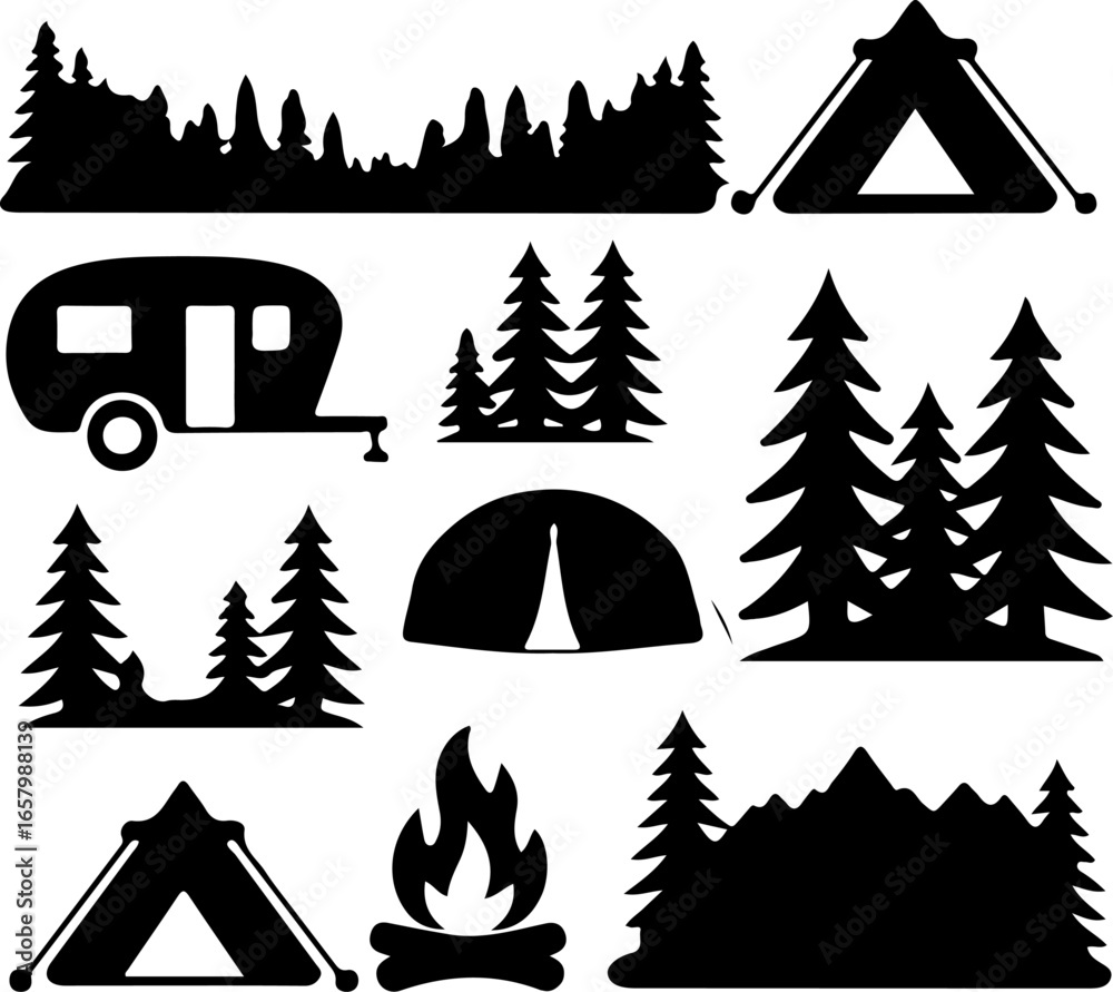 Obraz premium Camping & Outdoors Silhouette Bundle | Tent, Campfire & Nature Vector Set