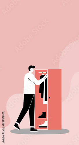 Minimalist illustration of a person choosing an outfit from a wardrobe, ideal for concepts like daily routine, fashion, home organization, and lifestyle.