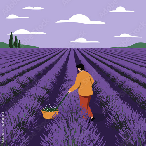 Man tending to a vast, blooming lavender field under a serene sky, symbolizing natural beauty, harvest, and tranquil rural life. Ideal for travel or agriculture.