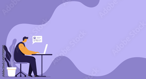 Professional illustration of a man working on a laptop at a desk, engaging in online communication or remote work. Ideal for business, technology, or lifestyle concepts.