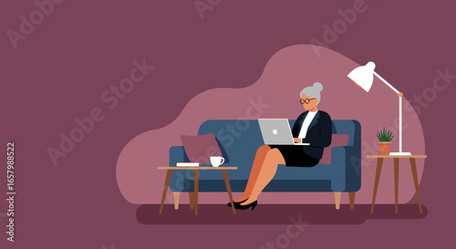 Mature professional woman working remotely from home on laptop. Ideal for concepts of freelancing, online business, and digital work.