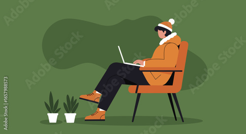 Person in winter attire working on a laptop from a comfortable chair. Ideal for remote work, cozy home office, or winter travel concepts.