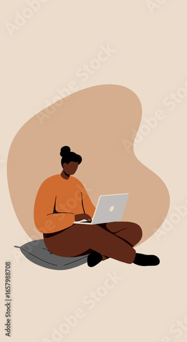 Woman using laptop in a comfortable, relaxed setting. Ideal for remote work, online learning, freelancing, and digital lifestyle concepts.