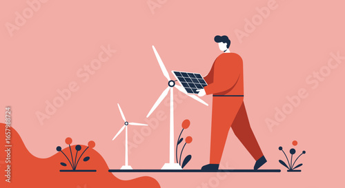 Person holding a solar panel with wind turbines, symbolizing sustainable future and renewable energy solutions for a greener world.