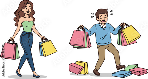 Cartoon shopping characters, woman confident, man struggling, shopping bags, retail humor, consumer lifestyle, vector illustration, fashion shopping scene