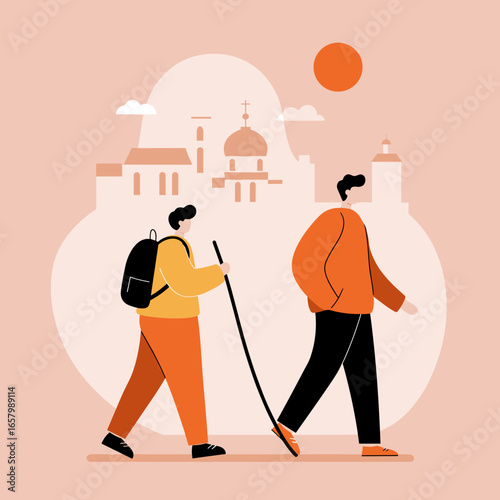 Two people embark on a historical urban journey, exploring a city with old architecture under the sun. Ideal for travel, pilgrimage, and lifestyle themes.
