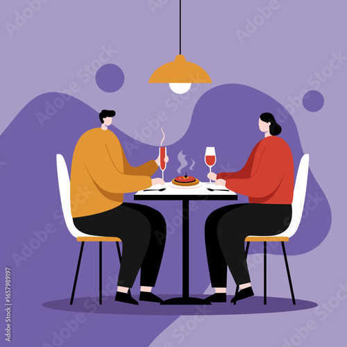 A couple enjoys a romantic dinner at a restaurant, celebrating or having a special meal. Ideal for dating, hospitality, or lifestyle concepts.