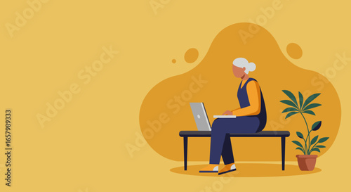 Senior woman confidently using a laptop on a bench, symbolizing modern living, remote work, and digital literacy in older age. Ideal for technology, lifestyle, and education concepts.