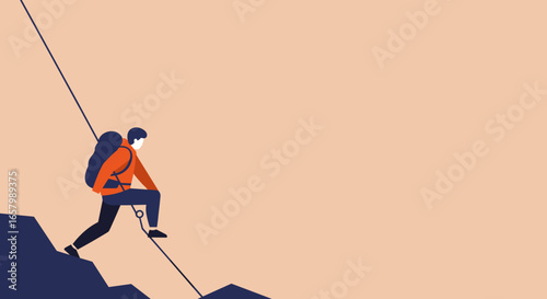 Adventurous person climbing down a steep cliff, symbolizing challenge, risk, and achieving goals. Ideal for concepts of personal growth or overcoming business obstacles.