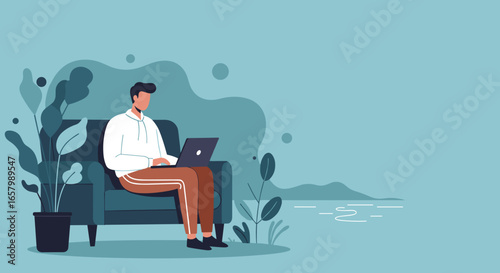 Man sitting comfortably on a sofa, using a laptop. Depicts remote work, online learning, and modern digital lifestyle at home.
