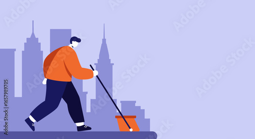Person sweeping a city street with a broom and dustpan. Illustrates urban cleaning, maintenance, and public service in a metropolitan environment.