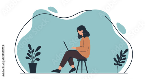 Woman working remotely on laptop in a calm, modern environment. Ideal for concepts of productivity, freelance, and online learning.