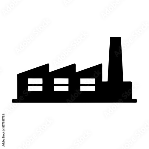 Black and white silhouette illustration depicting a factory with a tall chimney