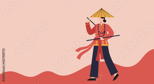 Vibrant illustration of a figure in traditional Asian clothing, wearing a conical hat and holding sticks, evoking cultural diversity and journey.