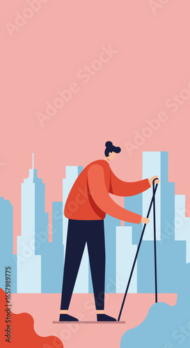 Person engaging in urban Nordic walking or hiking with poles against a modern city skyline, symbolizing an active lifestyle and well-being.