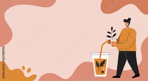 Stylized illustration of a person nurturing plants, symbolizing growth, care, and sustainability. Ideal for themes of nature, development, or eco-friendly living.