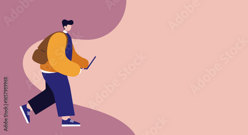A modern flat illustration of a young person with a backpack walking and using a laptop, symbolizing mobile work, education, or digital nomad lifestyle.