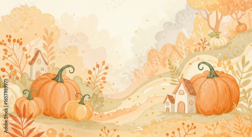 Charming autumn landscape illustration with pumpkins and cozy houses in soft pastel colors