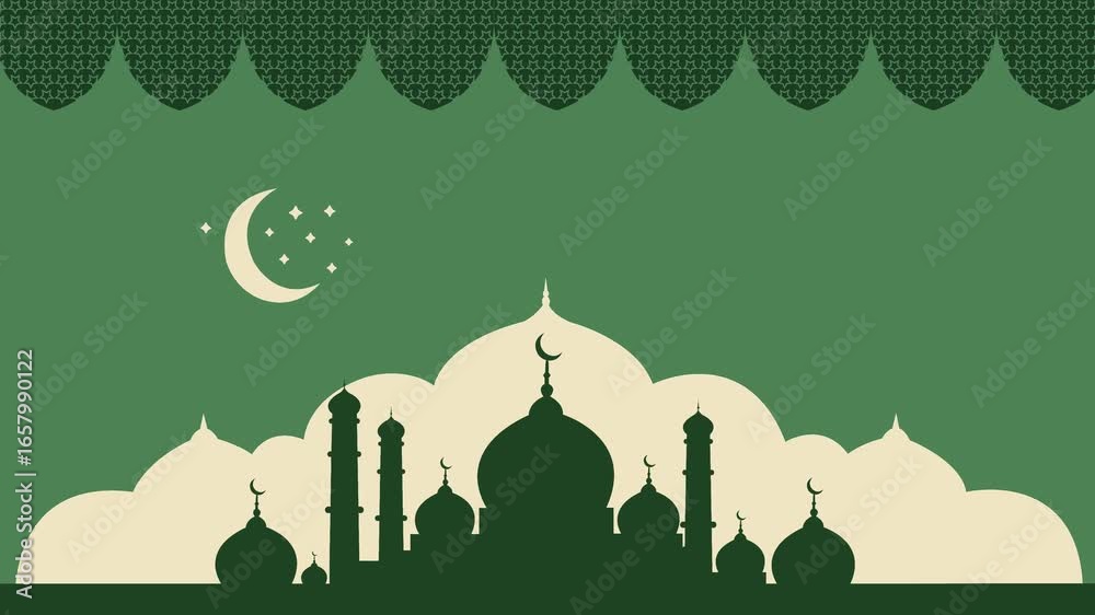 Happy Milad un nabi muhammad. Background featuring mosque silhouette, crescent moon, and stars in a green theme, perfect for banners, posters, and greetings card
